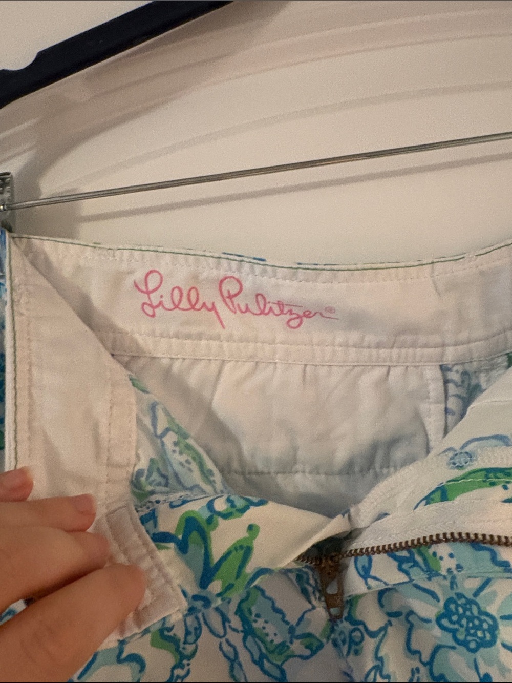 Lilly Pulitzer White Floral Scallop Hem Shorts with Blue and Green Print - Picture 4 of 5